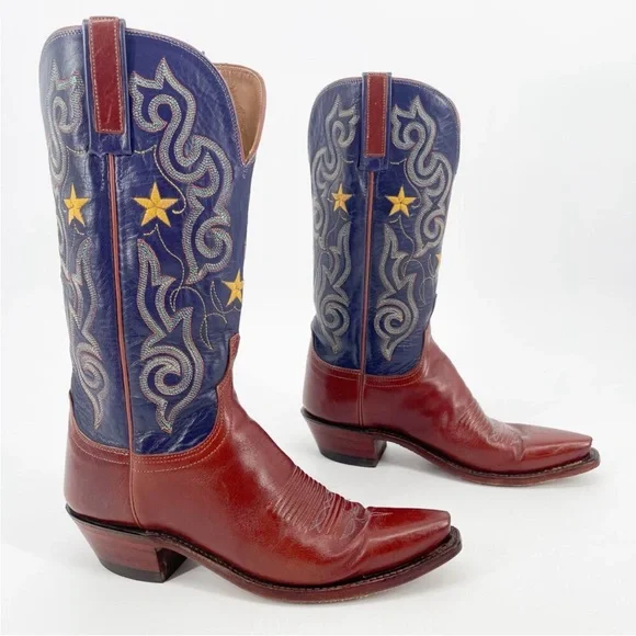 Lucchese purple/blue brown star embroidered snip toe women’s boots - Picture 1 of 13
